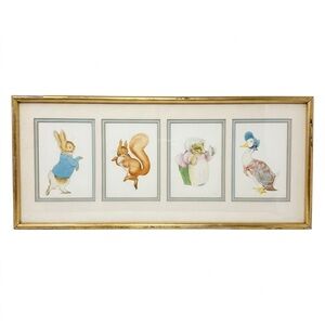 VTG Beatrix Potter Peter Rabbit & Friends Framed Art 22x10 Easter/Nursery Decor